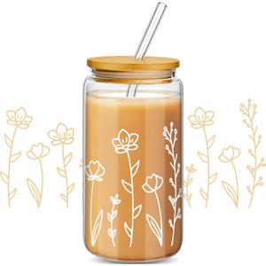 Mumufy 1 Pack Glass Cups Gift Aesthetic Cute Glass Cup Tumbler Flower Iced Coffee Mugs 16 oz with Bamboo Lid & Straw, for Wedding Birthday Bridesmaid Mom Baby Shower