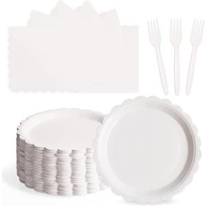 105PCS Paper Plates and Napkins Set, 7 Inch Scalloped Disposable Tableware with Forks for Birthdays, Garden Parties & Outdoor Events, Serves 35 (White)