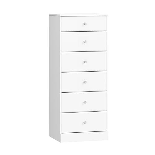 Prepac Astrid Simplistic 6-Drawer Tall Dresser for Bedroom, Functional Chest of Drawers with Acrylic Knobs, 16.5"D x 19.75"W x 50"H, Crystal White