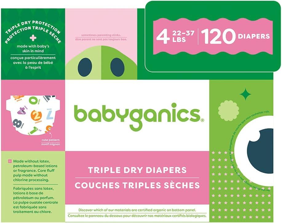 Babyganics Size 4, 120 count, Absorbent, Breathable, Triple Dry Protection Diapers