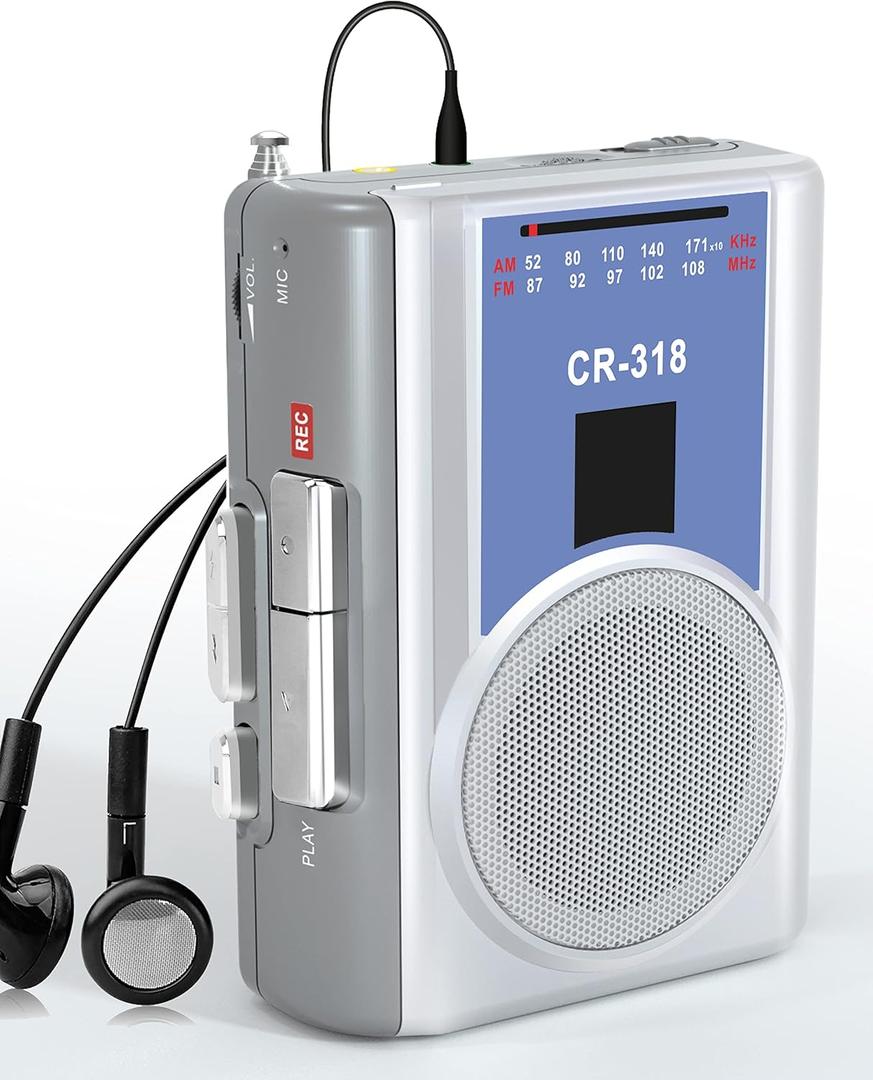 Cassette Player Recorder with AM FM, Portable Vintage Cassette Tape Player with Earphone Jack,Built-in Microphone,Loud Speaker for Walking,Jogging (Blue)