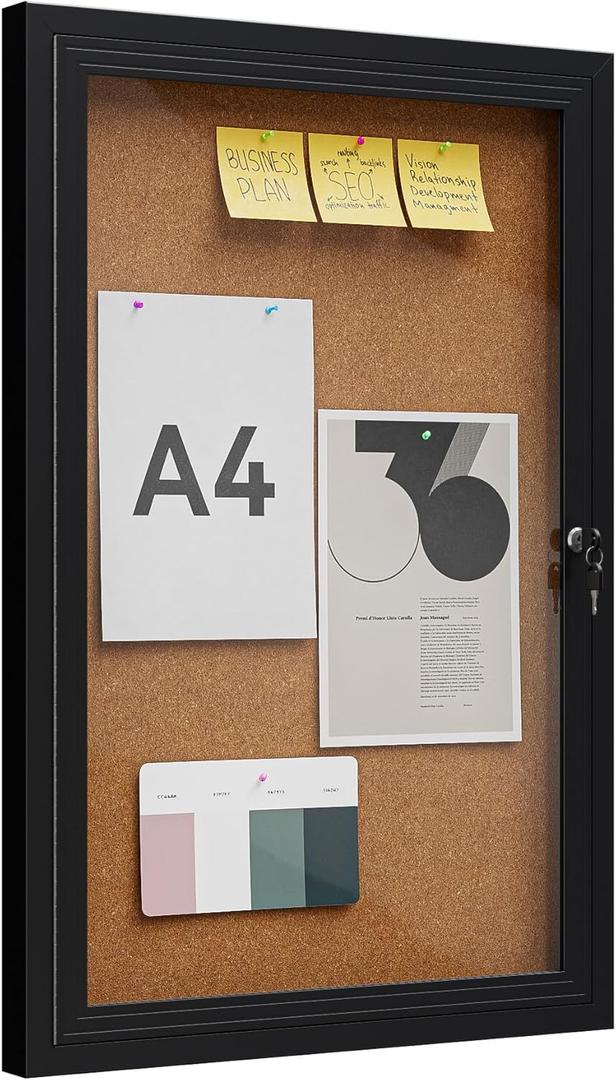 36"x24" Lockable Enclosed Bulletin Board, Outdoor Cork Weather-Resistant Aluminum Frame Notice Board, Wall Mounted Display Case Acrylic Doors for School,Office,Black Frame w/Cork