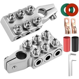 JiiinMiiin Battery Terminal Connectors, 8AWG up to 4/0(XL) AWG Gauge, 12-Way Battery Terminal Clamps, Positive and Negative (+/-)(1 Pair) for SAE/DIN/EN Tapered Top Post