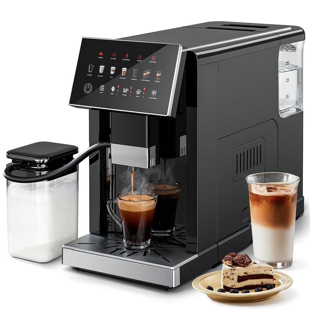 Kismile Automatic Espresso Machine with Grinder & Milk Frother, Latte & Cappuccino Maker, Single/Double Cup, Thickness Adjustment, 1.5L Removable Water Tank