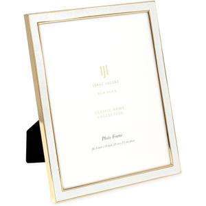 Isaac Jacobs 8x10 White Leather with Gold Metal (Vertical & Horizontal) Picture Frame, Suede Border w/Black Fabric Easel, Wall-Mountable, Made For Tabletop, Photo Gallery (8x10, White W/Gold)