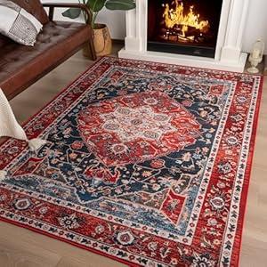 ST. BRIDGE Soft Area Rug 4x6, Washable Vintage Rug for Bedroom Living Room, Non-Slip Low Pile Colorful Accent Rug, Indoor Floor Carpet for Dining Room Office Playroom Nursery Home Decor, Red