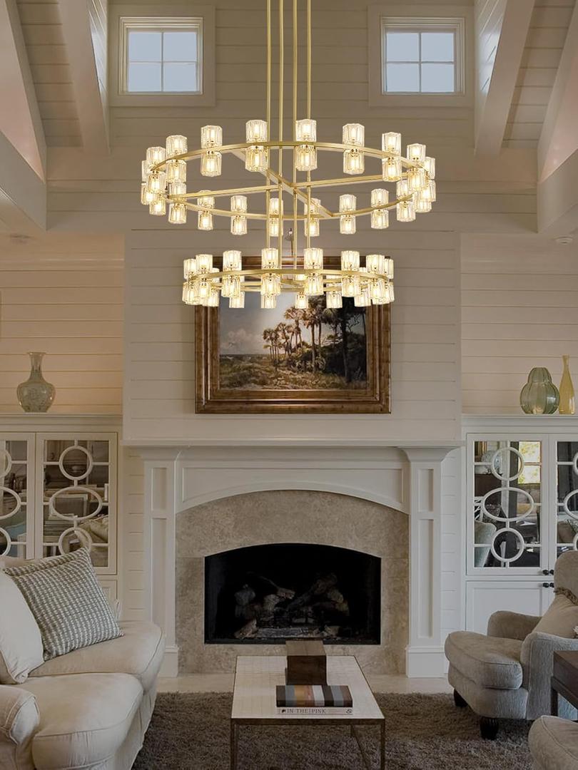 2 Tier Gold Wagon Wheel Chandelier, 108-Lights Farmhouse Pendant Light Fixture, Rustic Round Chandelier for Foyer Entryway Living Room (Dia 32"+40")