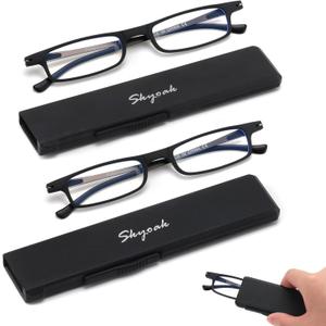 2 Pack Ultra Thin Lightweight Folding Reading Glasses Women Men TR90 Blue Light Blocking Anti UV/Eyestrain Foldable Compact Computer Readers Portable Unique Stretchable Slim Flat case Black +1.0