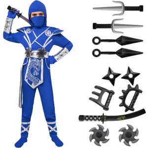 Spooktacular Creations Halloween Ninja Costume Kids, Ninja Dragon Jumpsuit Set, Boys Halloween Costume for DressUp Party (Medium(8-10 yrs), Blue+sliver)