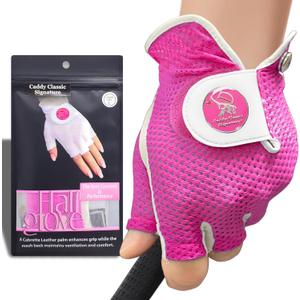 Caddy Classic Ladies Golf Glove Women | Half Finger Mesh Design for High Breathability | Premium Leather Construction for Comfortable Fit | Includes Stylish Magnetic Ball Marker, Medium, White/Pink 
