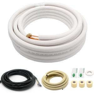 25FT Mini Split Line Set 1/4*1/2 OD HVAC Copper Tube Pipe Extension,3/8 Thickened PE Insulation Coil Air Conditioner Twin Copper Line Heating Equipment Hose with Flared Nuts (25FT (1/4+1/2) with wire)