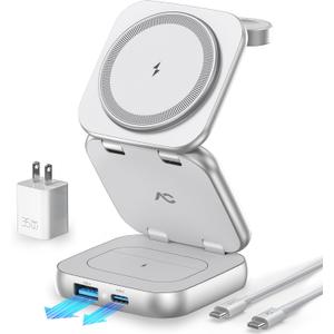 5-in-1 Wireless Charger for MagSafe, AC ISLAND Portable Travel Charging Station, 15W Max Fast Foldable Magnetic Stand, Evolved for iPhone 16/15/14/13 Series, Apple Watch, AirPods (with 35W Adapter) (Silver)