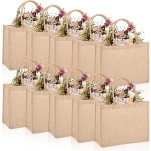 10 Pack Large Burlap Tote Bag Set with Handle, Reusable Blank Jute Gift Bag Waterproof for Women Bridesmaid Gift Shopping Bachelorette Party Christmas DIY, 15 * 12 * 6in