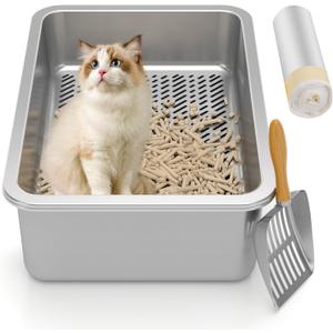 Stainless Steel Sifting Litter Box,Metal Sifting Cat Litter Box for Wood Pine Pellets,Medium Sifter Litter Pan System for Kittens,Odor Control,Easy to Clean,with Litter Boxes Liners and Metal Scoop