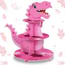 Censen 3 Tier Dinosaur Cupcake Stand Party Decorations Dinosaur Theme Cupcake Holder Decorations Dino Dessert Tower for Kids Boys Jungle Dino Theme Party Birthday Supplies (Pink)