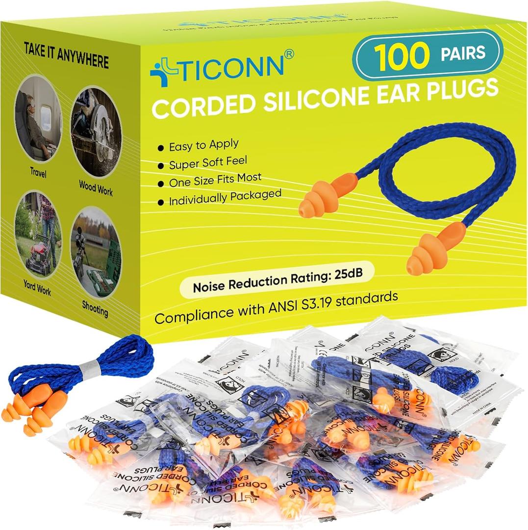 TICONN 100 Pairs Reusable Silicone Ear Plugs for Sleeping Noise Cancelling, Individually Wrapped 25dB NRR Corded Earplugs for Study Concentration Travel (100 Pairs)