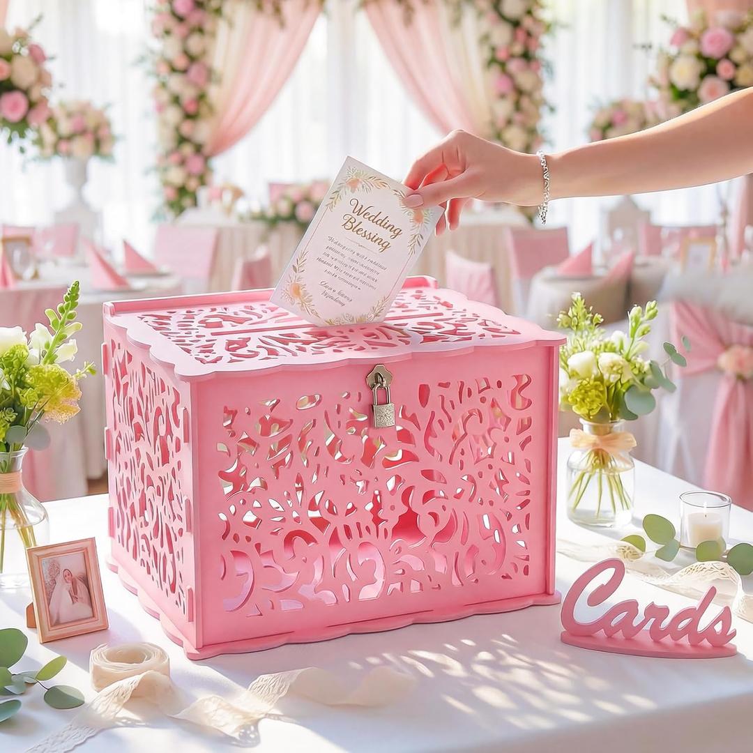 Pink Wedding Card Box with Lock, PVC Gift Card Box for Wedding Reception Decorations, Exquisite DIY Money Envelope Card Box for Party Graduation Birthday Baby Shower Wedding Decor