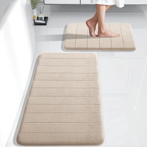 Yimobra Large Bath Mat Set 2 Piece- Super Soft Absorbent Quick Dry Memory Foam Bathroom Rugs, Machine Washable Non Slip Floor Carpet for Tub Shower & Double Vanity (17x24 & 44x24, Beige)