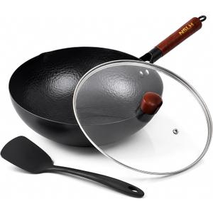 12.6 Inch Carbon Steel Wok Pan with Glass Cover, Pre-Seasoned Nonstick Flat Bottom Wok for Chinese Cooking, Woks & Stir-Fry Pans Cookware, Compatible with Induction, Electric, Gas & Halogen