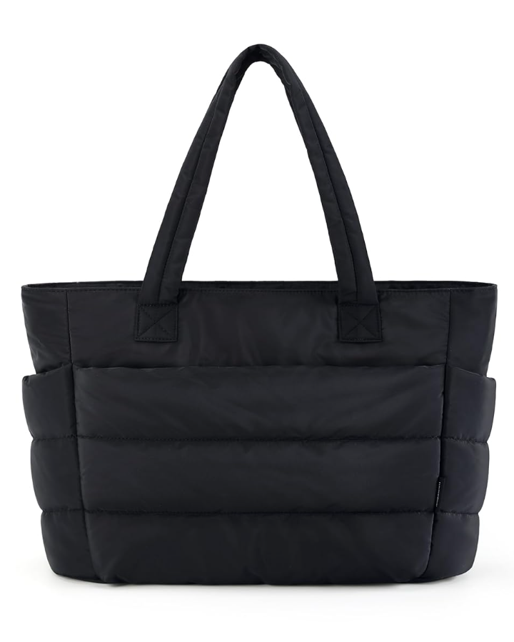 BAGSMART Tote Bag for Women, Lightweight Puffy Tote Bag with Compartments Shoulder Bag Handbag Quilted Shoulder Bag Handbag for Travel, Work, Beach, Gym, Shop (Black)