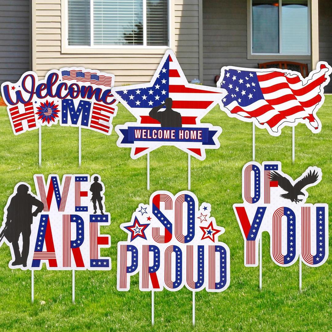 6 Pcs Military Welcome Home Yard Sign We Are So Proud of You with Stakes Army Homecoming Party 4th of July Decoration Patriotic Deployment Returning Outdoor Lawn Supplies