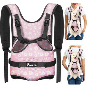 Pawaboo Pet Dog Front Carrier Backpacks, Legs Out Pet Carrier Backpack, Adjustable Easy-fit Dog Chest Carriers for Small Medium Dogs Hands Free for Travel Hiking Cycling Camping, L, Pink Daisy