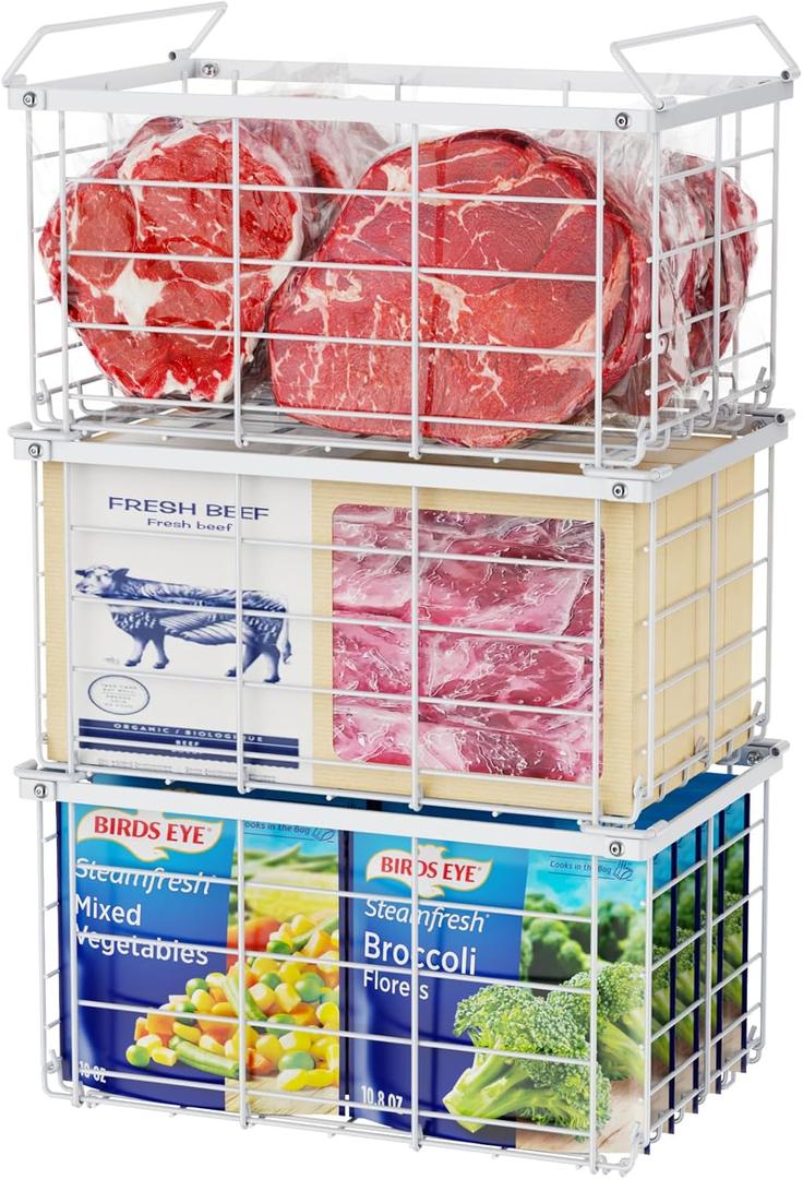 iSPECLE Deep Freezer Organizer Bins - 3 Pack Large Freezer Organizer Bins for 5 to 7 Cu.Ft Chest Freezer, Stackable Easy Access Food No More Digging, Sturdy Metal Wire Basket Not Scratch Bottom, White