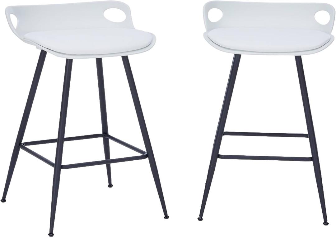 White Bar Stools Set of 2, 25 Inch Backless Bar Stools, Plastic Bar Chairs with Leather Upholstered Cushion, Modern Minimalist Counter Height Barstools for Kitchen Island (White).