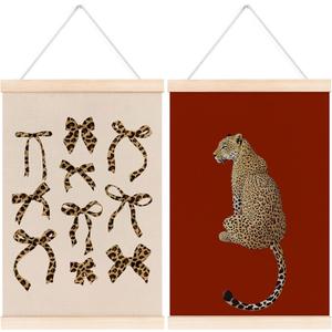 laveliabel Trendy Retro Red Leopard Poster Hanger Frame Set of 2, Coquette Leopard Bow Banner Poster with Wood Hanger, Funky Preppy Cheetah Wall Art Decor for Girls Room Dorm Bedroom, 12x16inch