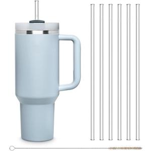 Halm Glass Straws 6x 12 inch Long Replacement Straw for Stanley Quencher Cup 40 oz & 30 oz Plastic-Free Cleaning Brush - Reusable Drinking Straw Dishwasher Safe Made in Germany (Clear)