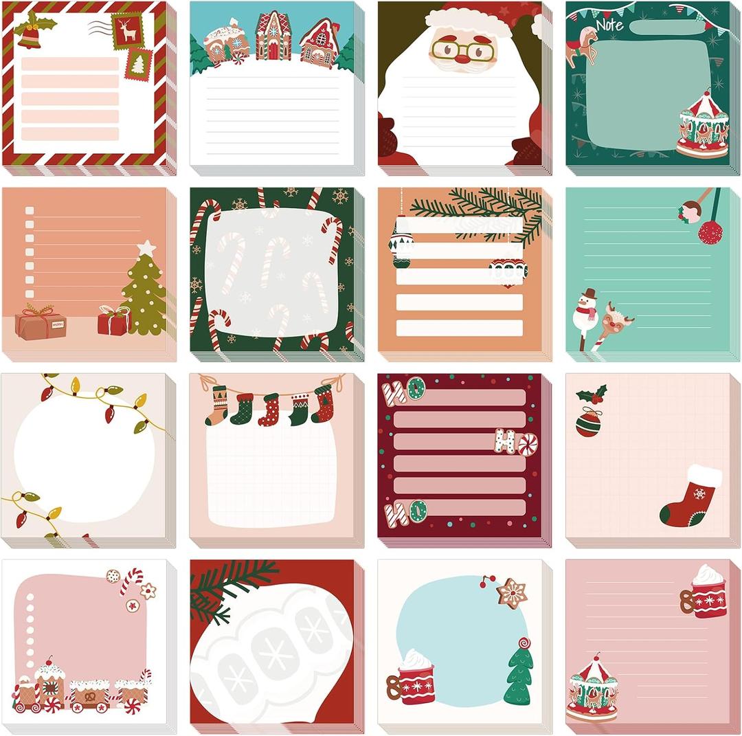 16 Pcs Christmas Sticky Note Pads with Santa ClausCandySocks, Work-Study Notes, 480 Pieces of Self-Adhesive Removable Memo Pads 16 Styles, 30 Sheets Each for Labels, Lists