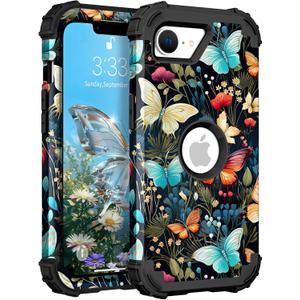 Hocase for iPhone 17e/iPhone 16e Case, Heavy Duty Shockproof Protection Hard Plastic+Silicone Rubber Hybrid Protective Phone Case for iPhone 17e/16e 6.1" - Butterflies in Garden