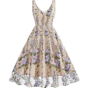 Women Keyhole Floral Embroidery Dress Sheer Mesh Illusion Vintage Cocktail Swing Dress Wedding Party Prom Tulle Evening Dress (X-Large, Apricot+purple)
