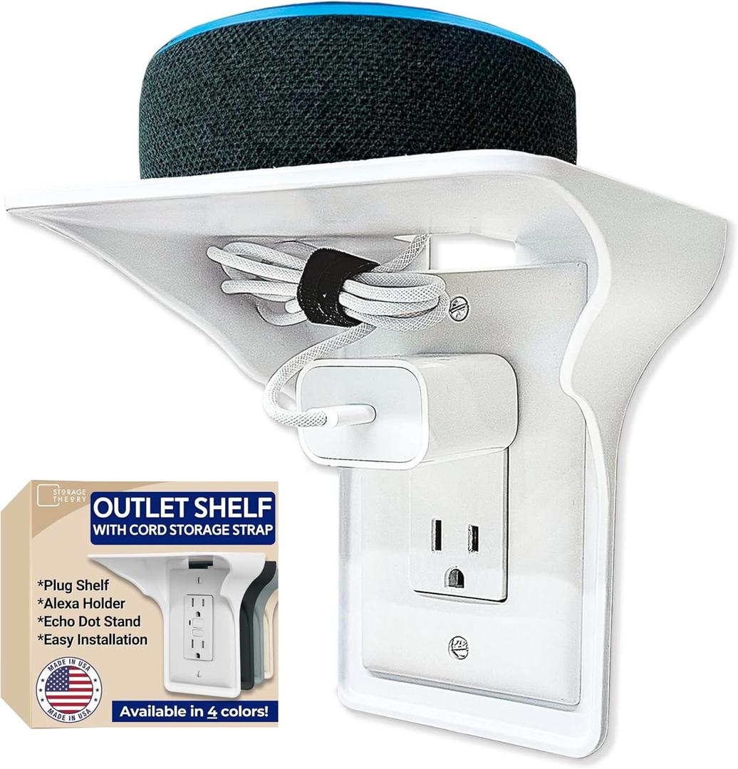 Storage Theory Power Perch Outlet Shelf with Cord Storage Strap  Bathroom Shelving for Alexa Echo Dot, Electric Toothbrush  Holds Smart Speaker, Cell Phone  Easy Installation (1-Pack, White)