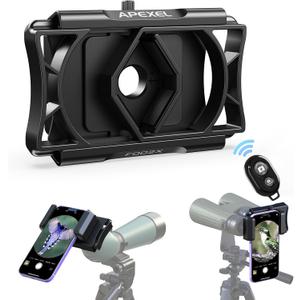 APEXEL 360 Telescope Phone Adapter, Upgraded Binocular Photo Adapter for Android & iPhone, Smartphone Mount for Telescope, Monocular, Microscope, Spotting Scope. (Including Bluetooth Shutter Remote) (Black)