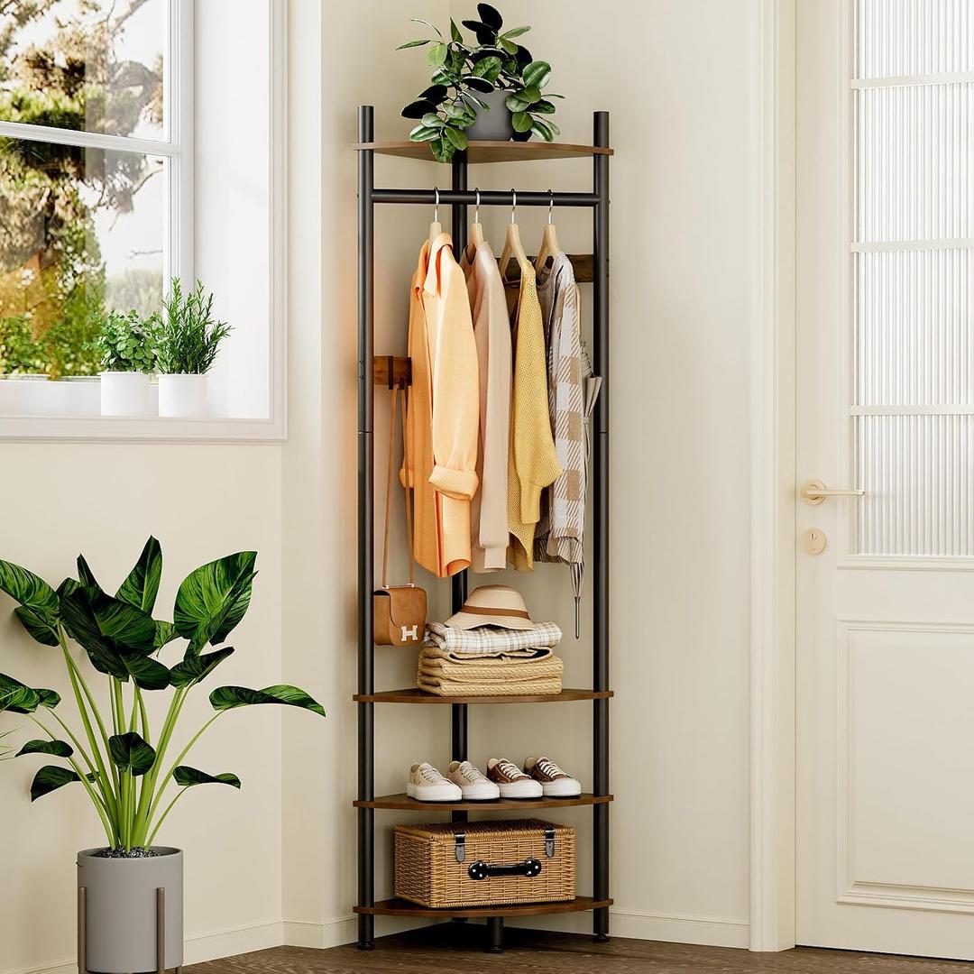 GiftGo Corner Hall Tree with Shoe Rack Entryway Coat Rack with 6 Metal Movable Hooks Floor Standing Clothes Rack Organizer for Home Office Bedroom (Rustic Brown)