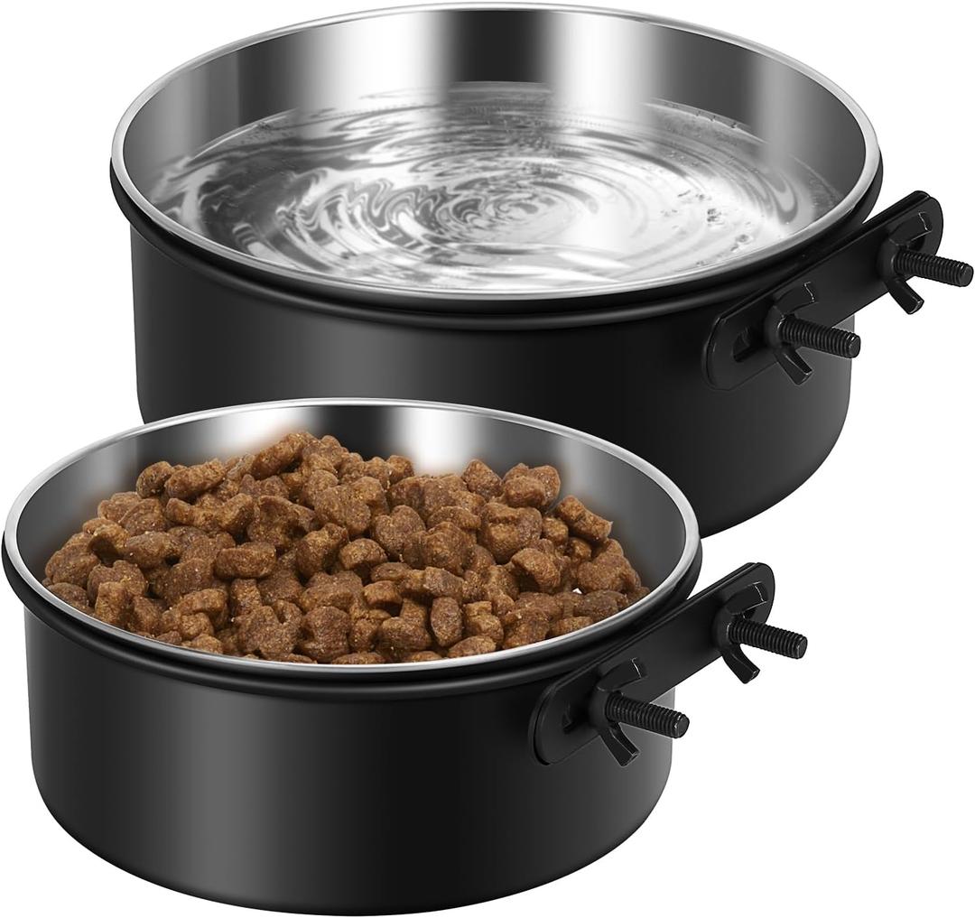 Dog Crate Water Bowl Hanging,2 Pack Stainless Steel Water Food Bowl No Spill for Crate Cage,Kennel Bowls Mountable Coop Cup for Dogs Cats Puppy Rabbit (L(7.1"x2.8"+6.3"x2.6"), Solid Black)