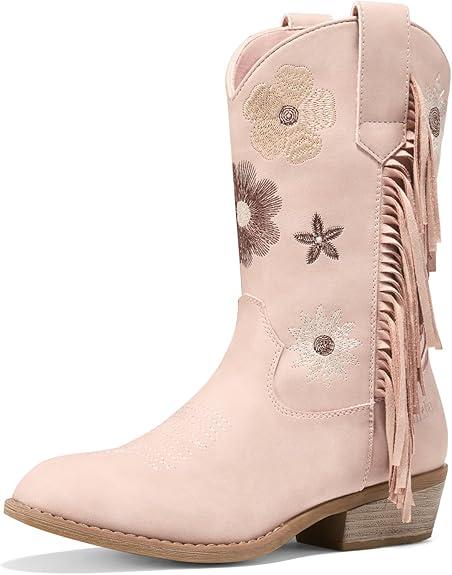 Rollda Girls Cowboy Boots, Cowgirl Boots with Tassel, Floral Embroidered Kids Western Boots for Toddler/Little Kid/Big Kid 10