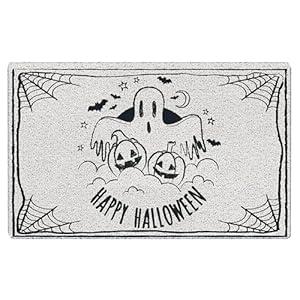 KEUSPI Halloween Door Mat, Spooky Pumpkin Ghost Bats Spider Web Welcome Mats for Home Outdoor Indoor Entrance, Happy Halloween Doormat for Front Door Porch Entryway, 17x30 Inches