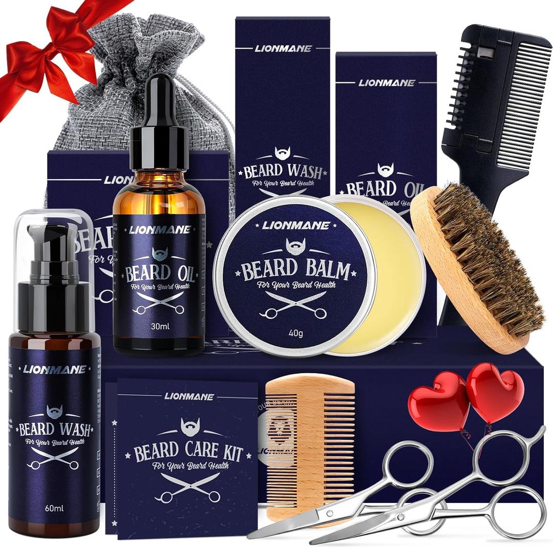 Lionmane Valentine's Day Beard Care Gifts Kit for Men, Beard Mustache Grooming Kit -Beard Balm, Beard Wash, Beard Oil, Brush, Scissors, Birthday Anniversary Daily Gifts for Husband/Boyfriend/Dad/Him