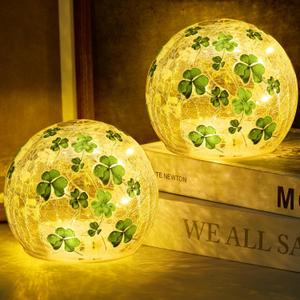 TTQ [Timer] 2 Pcs St Patricks Day Decoration,3.93'' Lighted Decorative Glass Ball,Shamrock Crackle Globe Night Light,Decorative Balls Glass Orb Table Lamp for Home Table Centerpieces Decor Gift