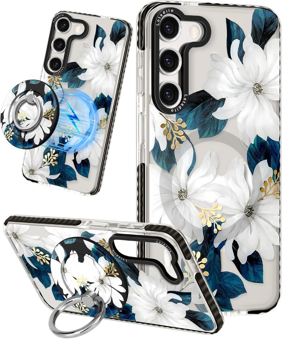 Lotadilo for Samsung Galaxy S23 Plus Case for Women - Girls Cute Design Compatible with Magsafe Magnetic Ring Holder Stand Blue Flower Phone Covers Aesthetic Girly TPU Funda for S23 Plus