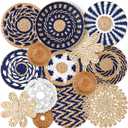 Xuhal 15 Pcs Boho Wall Basket Decor Handcrafted Seagrass Woven Wall Basket Rustic Round Woven Hanging Art for Home Farmhouse Kitchen Table Living Room(Blue Classic Style)