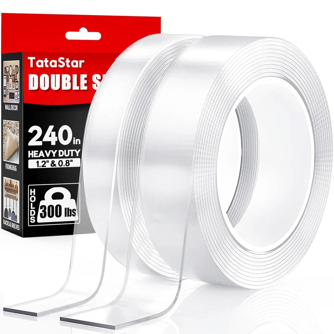 Double Sided Tape Heavy Duty (2 Rolls, 20 Feet) - Removable Waterproof Nano Mounting Filament Tape, 1.2" & 0.8" Width for Picture Hanging, Wall Decor, Posters, Carpets, Rugs - Indoor & Outdoor Use