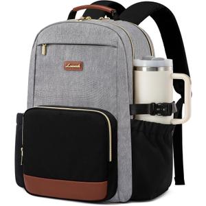 LOVEVOOK Laptop Backpack for Women with Pouch Pocket for Large Capacity Cup, 15.6 Inch Teacher Nurse College Work Backpack Purse, Waterproof Laptop Bag Computer Back Pack for Travel, Grey-Black-Brown