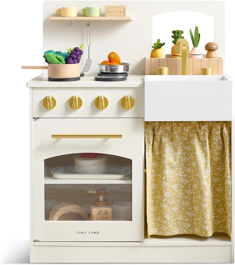 Tiny Land Toddler Kitchen Playset, Wooden Play Kitchen Set Toy with Cutting Food & Cookware, Oven, Clicking Knobs, Stove and Sink, Small Toy Kitchen Gift for 1-3 Year Old Kids, Girls & Boys - Cream, Large