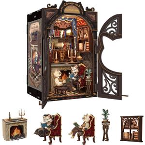 Fsolis Book Nook Kit DIY Scene Miniature Dollhouse Kit, 3D Puzzles for Adults, 108 Wooden Pieces, Bookshelf Decor Tiny House Mini Booknook Craft, Gift for Women Scale Model Lovers (Count Cat's Study)