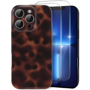 MYY Cute Phone Case for iPhone 13 Pro Case, [with 2X Screen Protector] Tortoise Shell Pattern Leopard Full Camera Protective Slim Shockproof Cool - Brown Amber