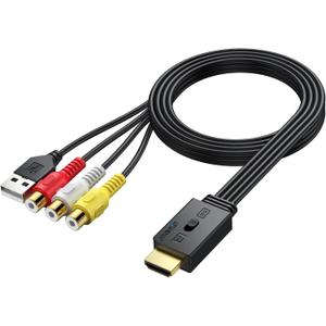 AUTOUTLET RCA to HDMI Converter with Aspect Ratio Switch (4:3/16:9), 1080P/720P Mini AV to HDMI Adapter with Built-in 150cm Cable for VCR, VHS, DVD