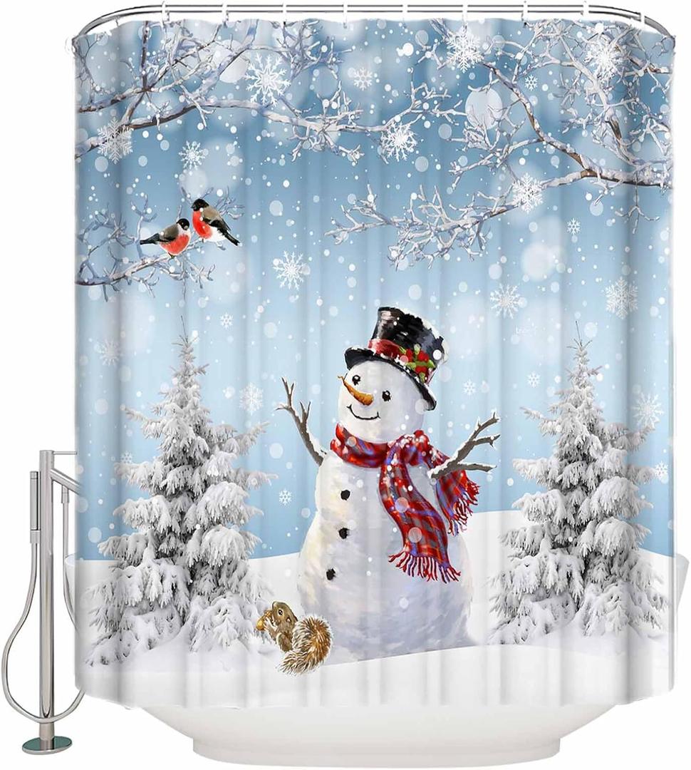BEMIGO Christmas Tree Snowman Shower Curtains for Bathroom, Xmas Tree Farmhouse Fabric Waterproof Shower Curtain Set with Hooks, Christmas Vacation Decorations Bathroom Accessories 72x72inch (Blue)